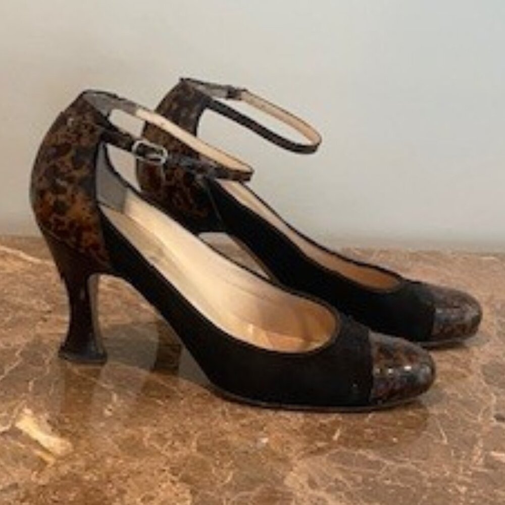 Cole Haan Collection Black Suede Ankle Strap with Tortoise Heels – Sz 6.5